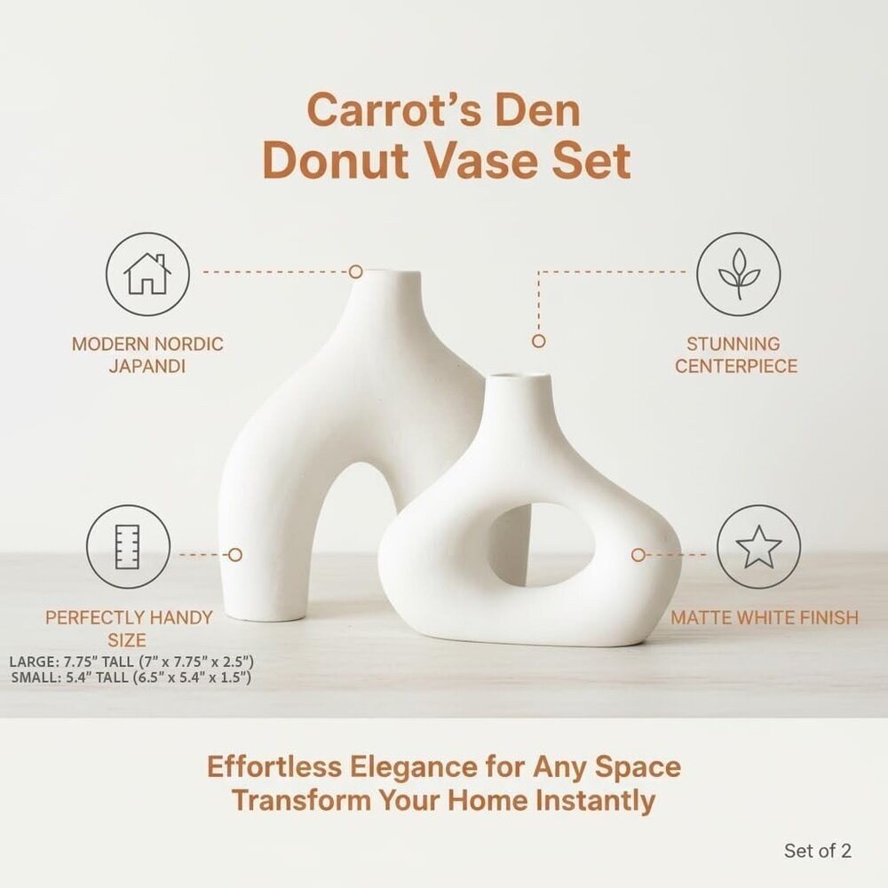 Carrot's Den Donut Vase Set Of 2 White Ceramic Minimalist Nordic Hollow New - Picture 2 of 5